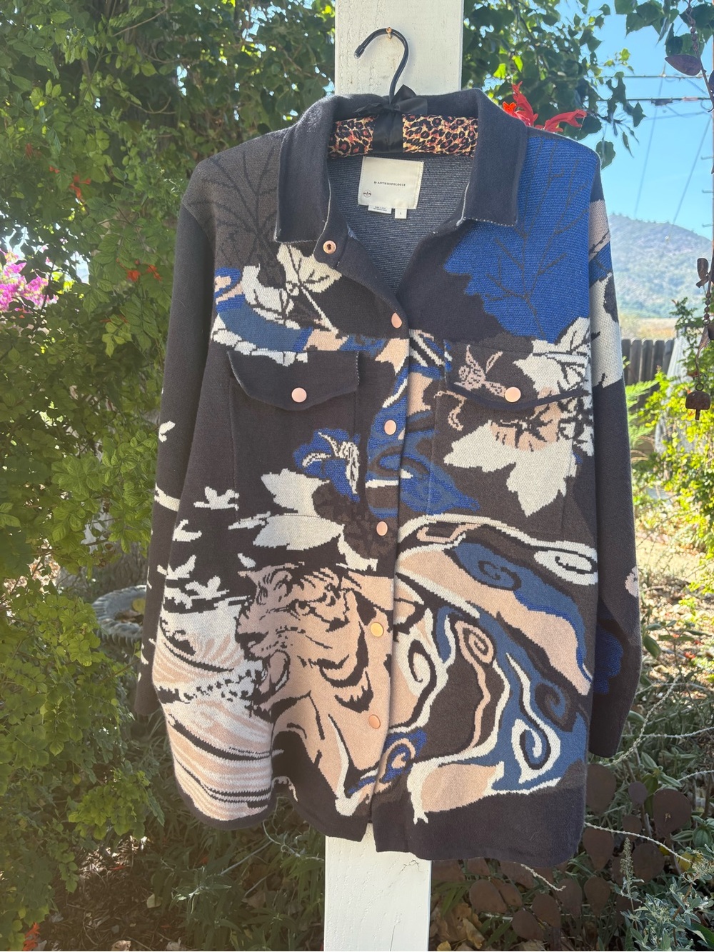 Anthropologie Black, Blue & Cream Floral Tiger Knit Jacket